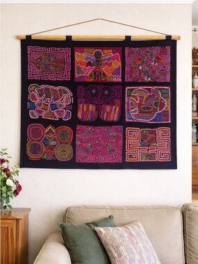 Source Unknown Black & Pink Embroidered Textile Wall Tapestry